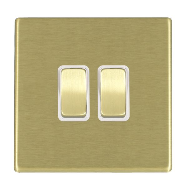 Hartland G2 7G22R22SB-W 2 gang 10AX 2 Way Rocker Satin Brass with Satin Brass/White Inserts