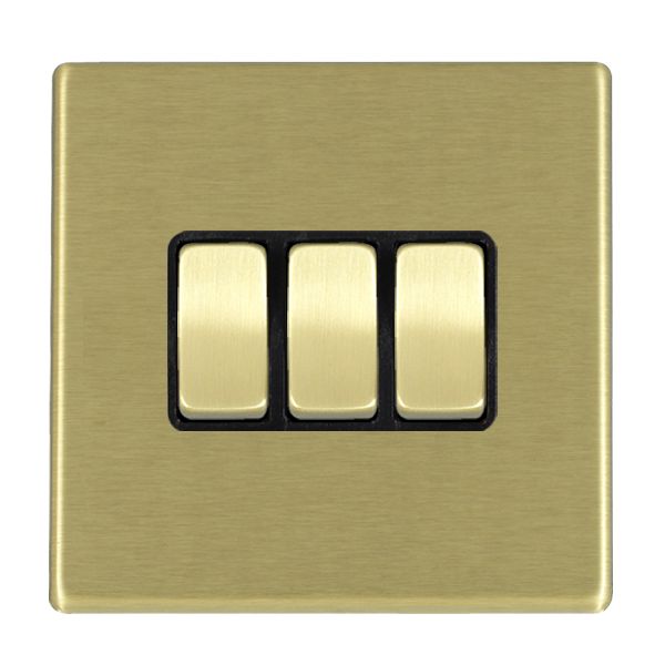 Hartland G2 7G22R23SB-B 3 gang 10AX 2 Way Rocker Satin Brass with Satin Brass/Black Inserts