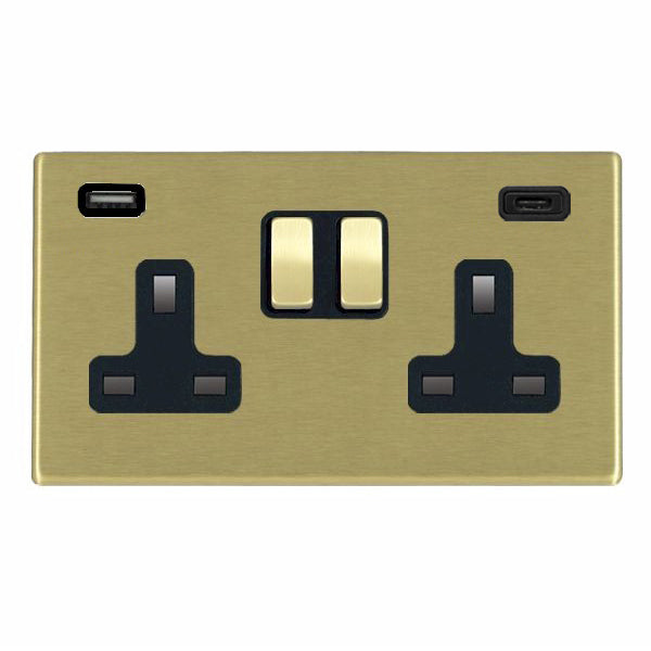 Hartland G2 7G22SS2USBCSB-B 2 gang 13A Double Pole Switched Socket with 1 USB Outlet + 1 USB Type C Outlet 2x2.4A (4.8A Total) Satin Brass with Satin Brass/Black Inserts