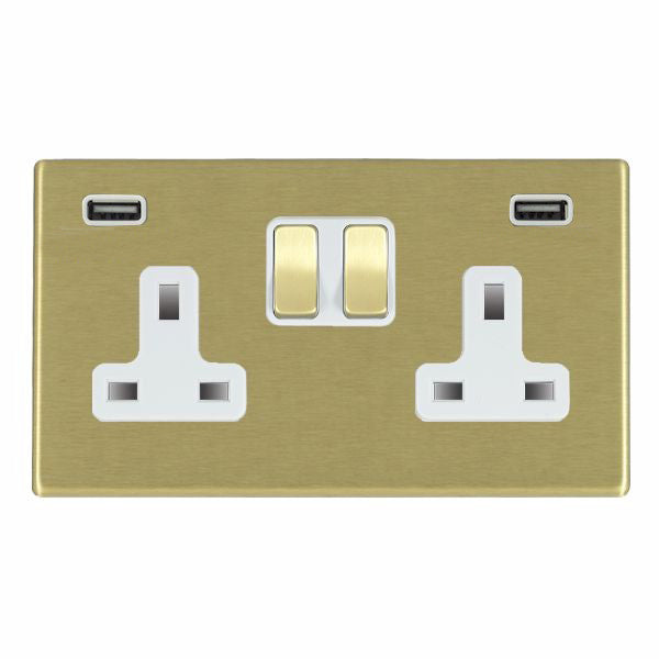 Hartland G2 7G22SS2USBULTSB-W 2 gang 13A Double Pole Switched Socket with 2 USB Outlets 2x2.4A (4.8A Total) Satin Brass with Satin Brass/White Inserts