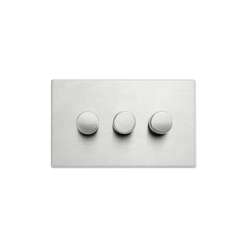 Hartland G2 7G243XLEDITB250 3 gang 250W LED Trailing/Leading Edge Push On/Off Rotary 2 Way Switching Dimmer Satin Steel with Satin Steel Inserts