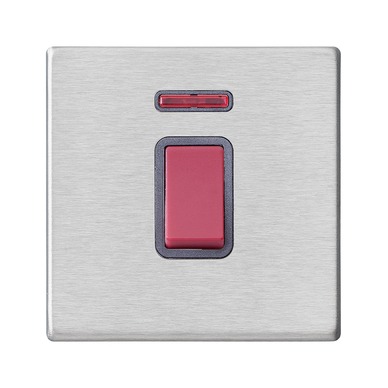 Hartland G2 7G2445NQG 1 gang 45A Double Pole Red Rocker + Neon Satin Steel with Red/Quartz Grey Inserts
