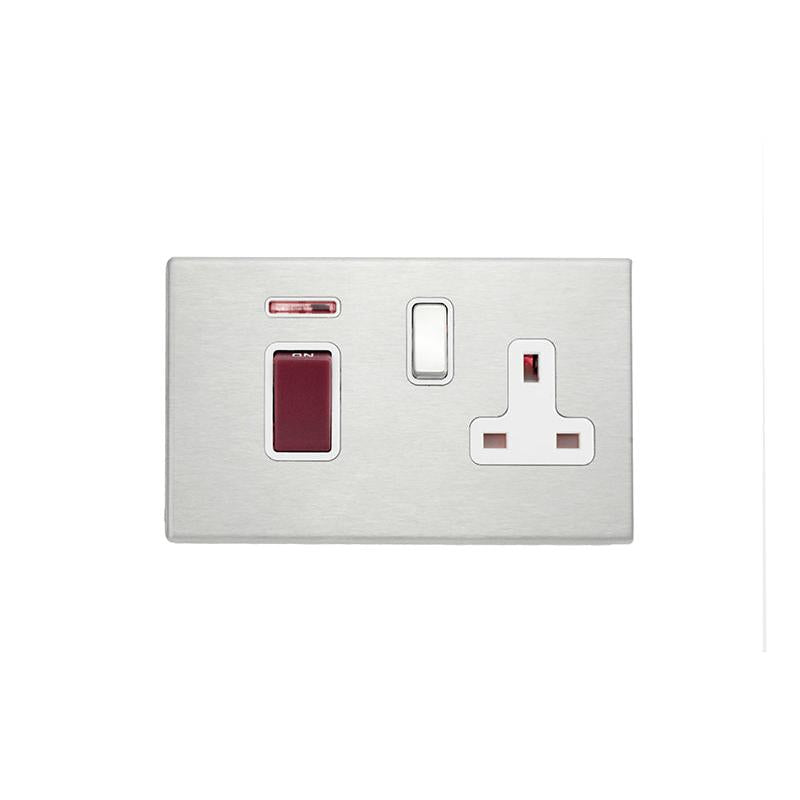 Hartland G2 7G2445SS1SS-W 45A Double Pole Red Rocker + Neon + 13A Switched Socket Satin Steel with Red+Satin Steel/White Inserts