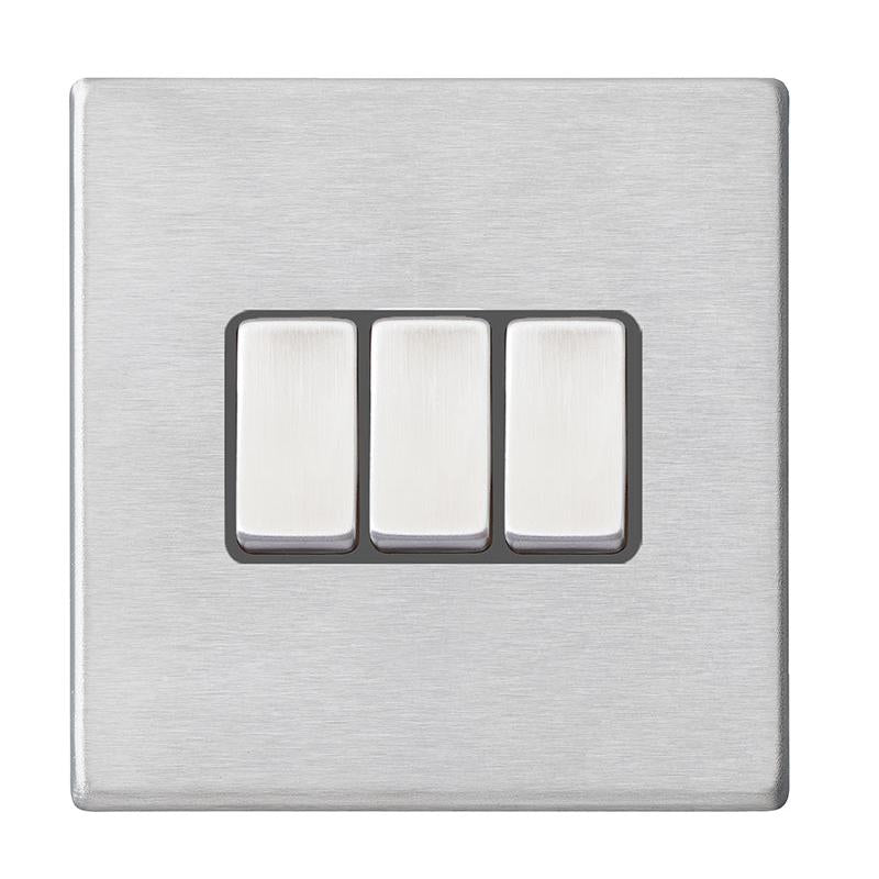 Hartland G2 7G24R23SS-QG 3 gang 10AX 2 Way Rocker Satin Steel with Satin Steel/Quartz Grey Inserts