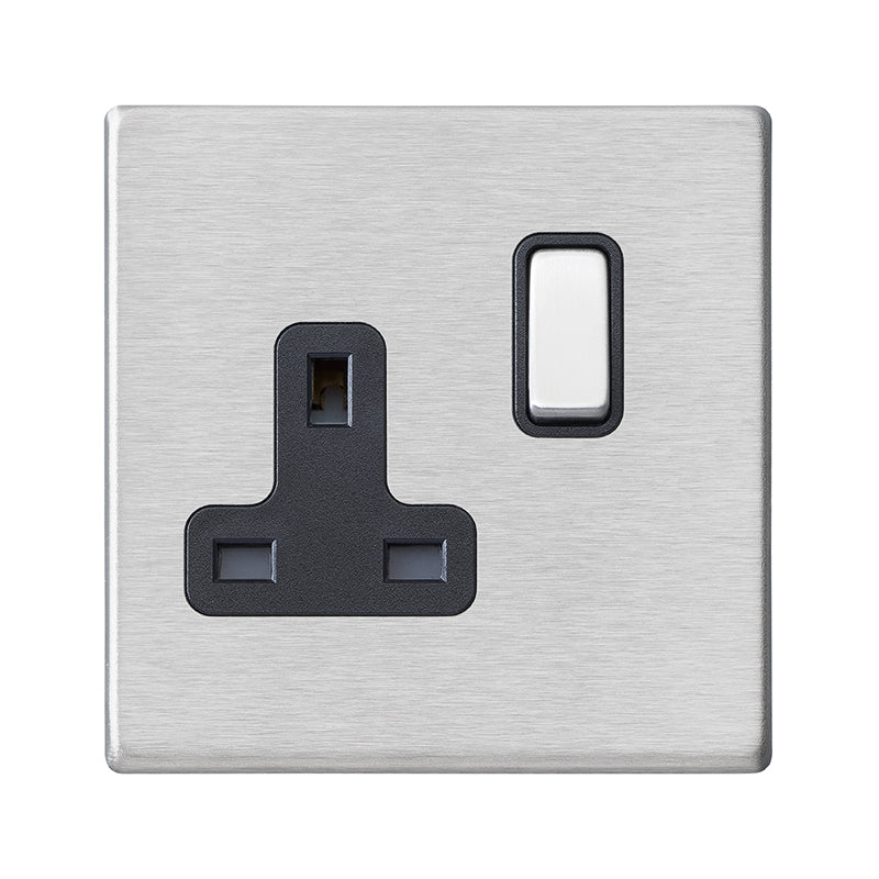 Hartland G2 7G24SS1SS-B 1 gang 13A Double Pole Switched Socket Satin Steel with Satin Steel/Black Inserts