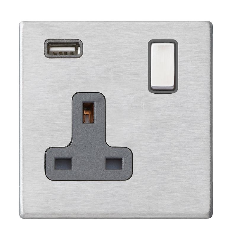 Hartland G2 7G24SS1USBSS-QG 1 gang 13A Single Pole Switched Socket with 1 USB Outlet 1x2.1A Satin Steel with Satin Steel/Quartz Grey Inserts