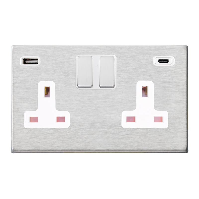Hartland G2 7G24SS2USBCSS-W 2 gang 13A Double Pole Switched Socket with 1 USB Outlet + 1 USB Type C Outlet 2x2.4A (4.8A Total) Satin Steel with Satin Steel/White Inserts