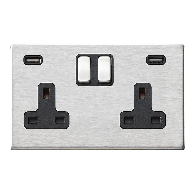 Hartland G2 7G24SS2USBULTSS-B 2 gang 13A Double Pole Switched Socket with 2 USB Outlets 2x2.4A (4.8A Total) Satin Steel with Satin Steel/Black Inserts