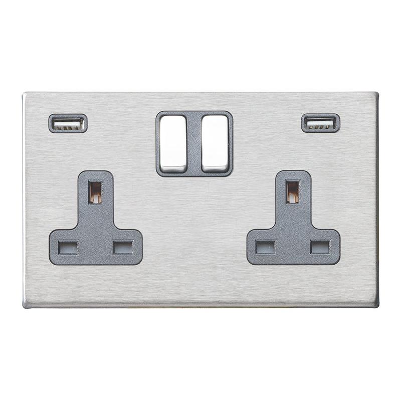 Hartland G2 7G24SS2USBULTSS-QG 2 gang 13A Double Pole Switched Socket with 2 USB Outlets 2x2.4A (4.8A Total) Satin Steel with Satin Steel/Quartz Grey Inserts