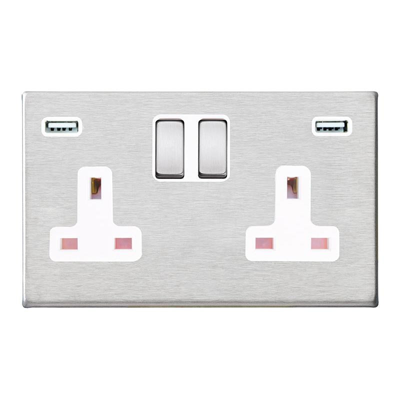 Hartland G2 7G24SS2USBULTSS-W 2 gang 13A Double Pole Switched Socket with 2 USB Outlets 2x2.4A (4.8A Total) Satin Steel with Satin Steel/White Inserts