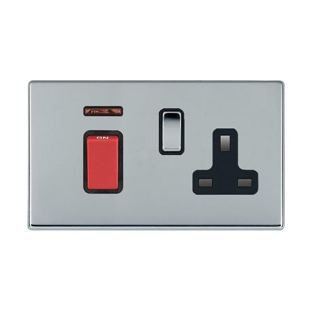Hartland G2 7G2745SS1BC-B 45A Double Pole Red Rocker + Neon + 13A Switched Socket Bright Chrome with Red+Bright Chrome/Black Inserts