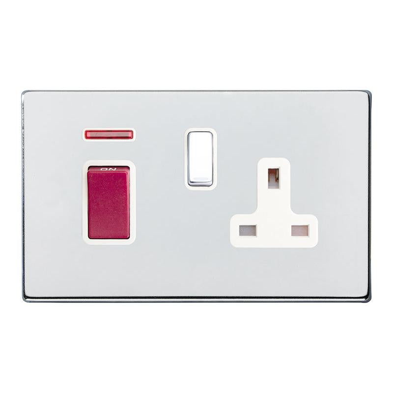 Hartland G2 7G2745SS1BC-W 45A Double Pole Red Rocker + Neon + 13A Switched Socket Bright Chrome with Red+Bright Chrome/White Inserts
