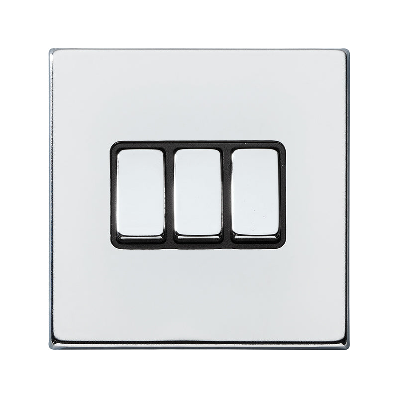 Hartland G2 7G27R23BC-B 3 gang 10AX 2 Way Rocker Bright Chrome with Bright Chrome/Black Inserts