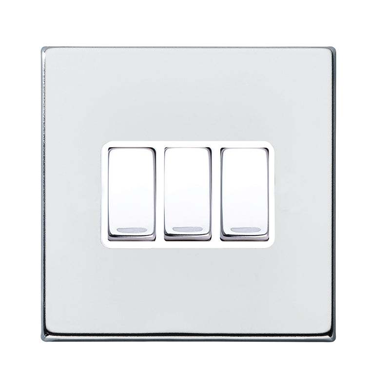 Hartland G2 7G27R23BC-W 3 gang 10AX 2 Way Rocker Bright Chrome with Bright Chrome/White Inserts