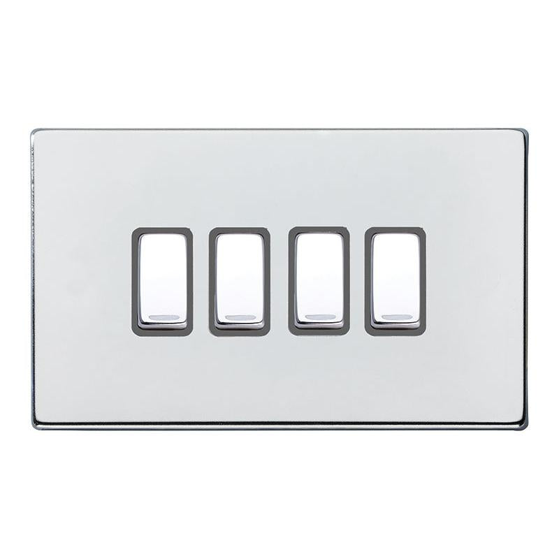 Hartland G2 7G27R24BC-QG 4 gang 10AX 2 Way Rocker Bright Chrome with Bright Chrome/Quartz Grey Inserts