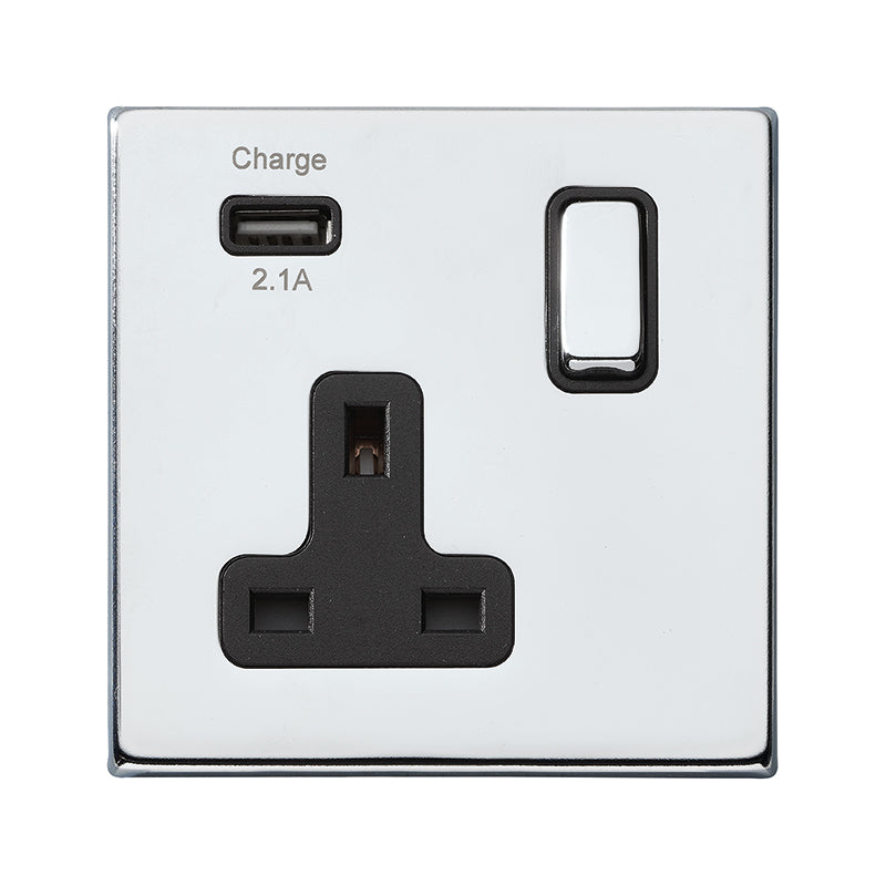 Hartland G2 7G27SS1USBBC-B 1 gang 13A Single Pole Switched Socket with 1 USB Outlet 1x2.1A Bright Chrome with Bright Chrome/Black Inserts