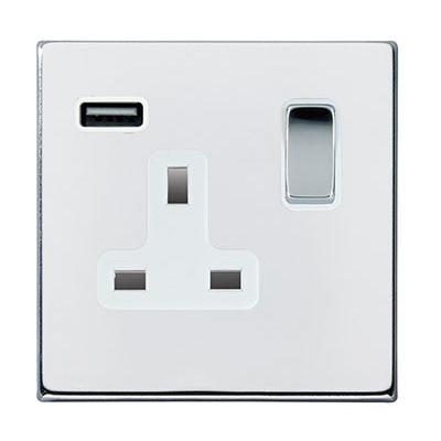Hartland G2 7G27SS1USBBC-W 1 gang 13A Single Pole Switched Socket with 1 USB Outlet 1x2.1A Bright Chrome with Bright Chrome/White Inserts