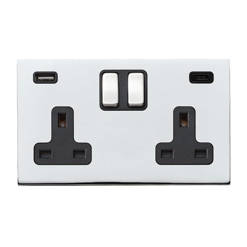 Hartland G2 7G27SS2USBCBC-B 2 gang 13A Double Pole Switched Socket with 1 USB Outlet + 1 USB Type C Outlet 2x2.4A (4.8A Total) Bright Chrome with Bright Chrome/Black Inserts