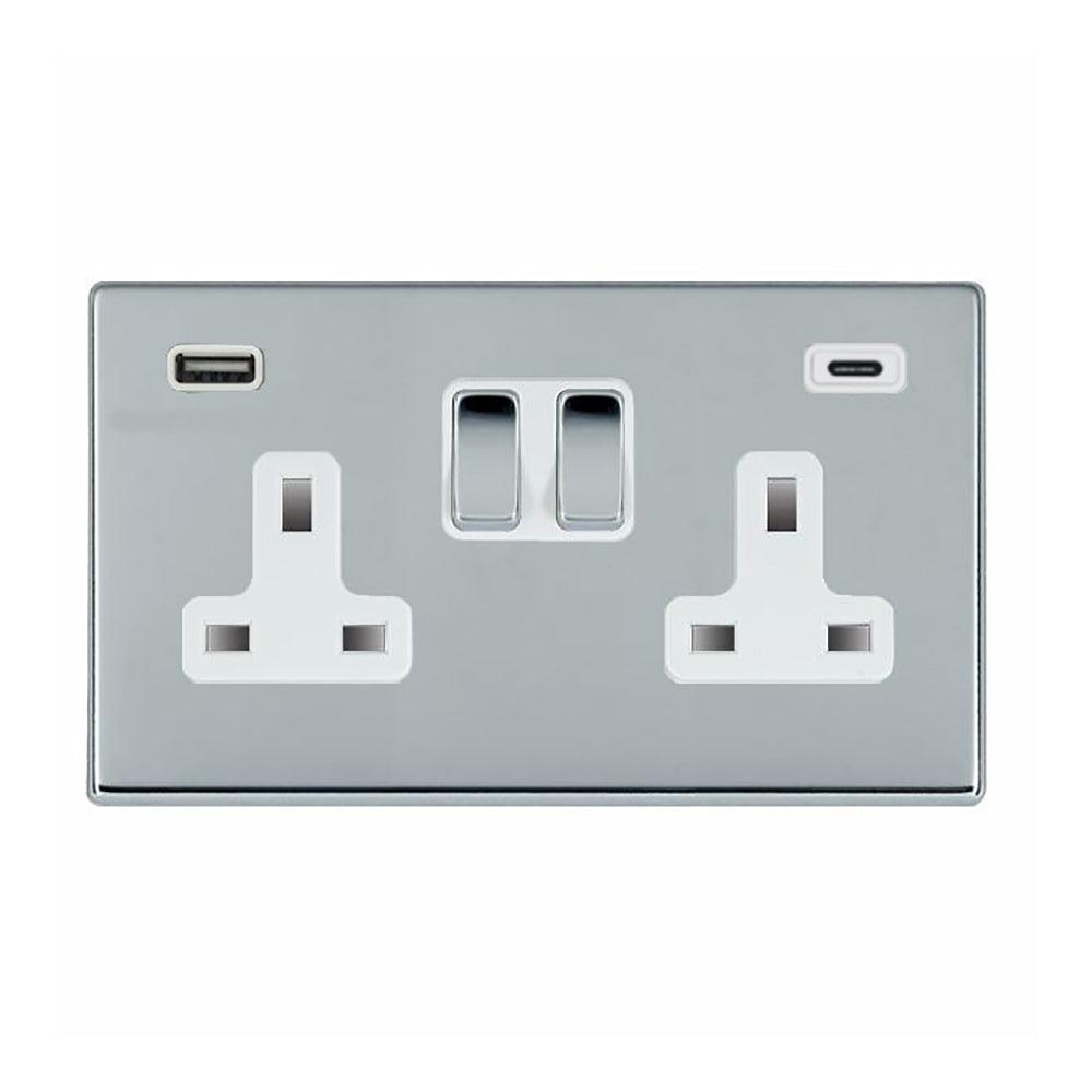 Hartland G2 7G27SS2USBCBC-W 2 gang 13A Double Pole Switched Socket with 1 USB Outlet + 1 USB Type C Outlet 2x2.4A (4.8A Total) Bright Chrome with Bright Chrome/White Inserts