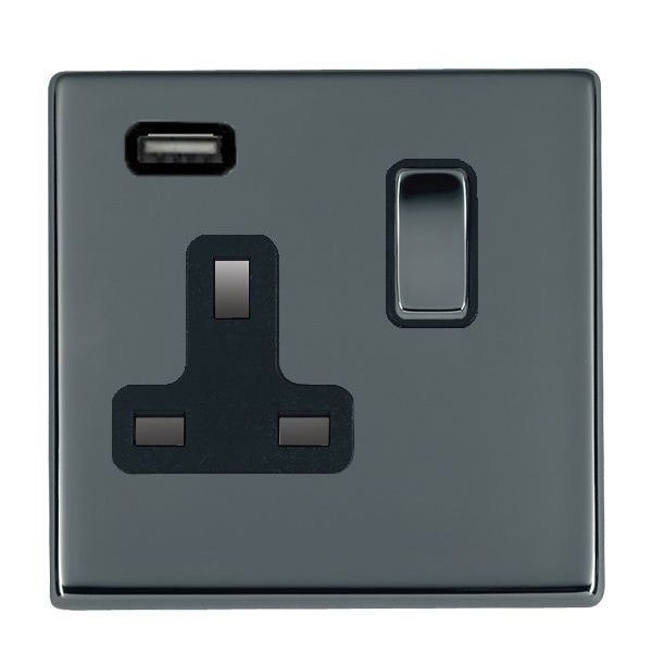 Hartland G2 7G28SS1USBBK-B 1 gang 13A Single Pole Switched Socket with 1 USB Outlet 1x2.1A Black Nickel with Black Nickel/Black Inserts