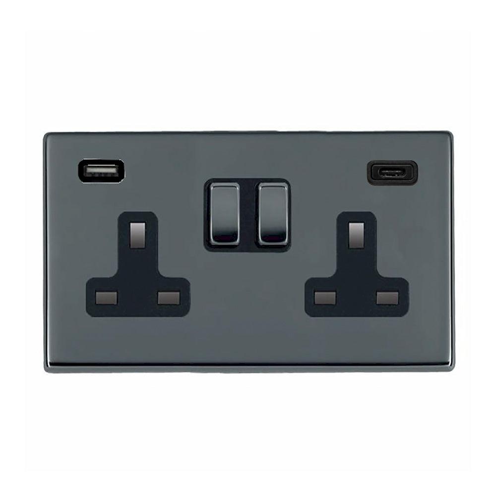 Hartland G2 7G28SS2USBCBK-B 2 gang 13A Double Pole Switched Socket with 1 USB Outlet + 1 USB Type C Outlet 2x2.4A (4.8A Total) Black Nickel with Black Nickel/Black Inserts