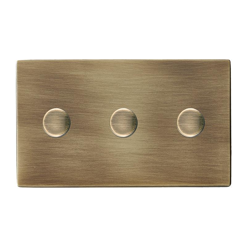 Hartland G2 7G293XLEDITB100 3 gang 100W LED Trailing/Leading Edge Push On/Off Rotary 2 Way Switching Dimmer Antique Brass with Antique Brass Inserts