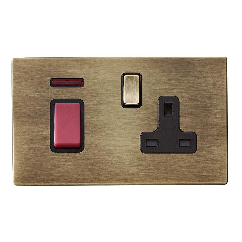 Hartland G2 7G2945SS1AB-B 45A Double Pole Red Rocker + Neon + 13A Switched Socket Antique Brass with Red+Antique Brass/Black Inserts