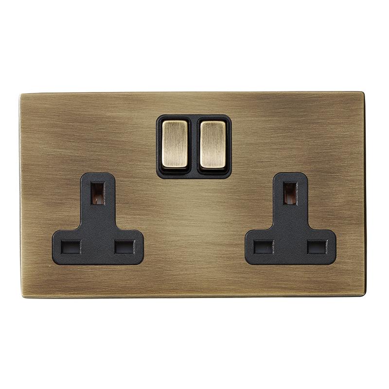 Hartland G2 7G29SS2AB-B 2 gang 13A Double Pole Switched Socket Antique Brass with Antique Brass/Black Inserts