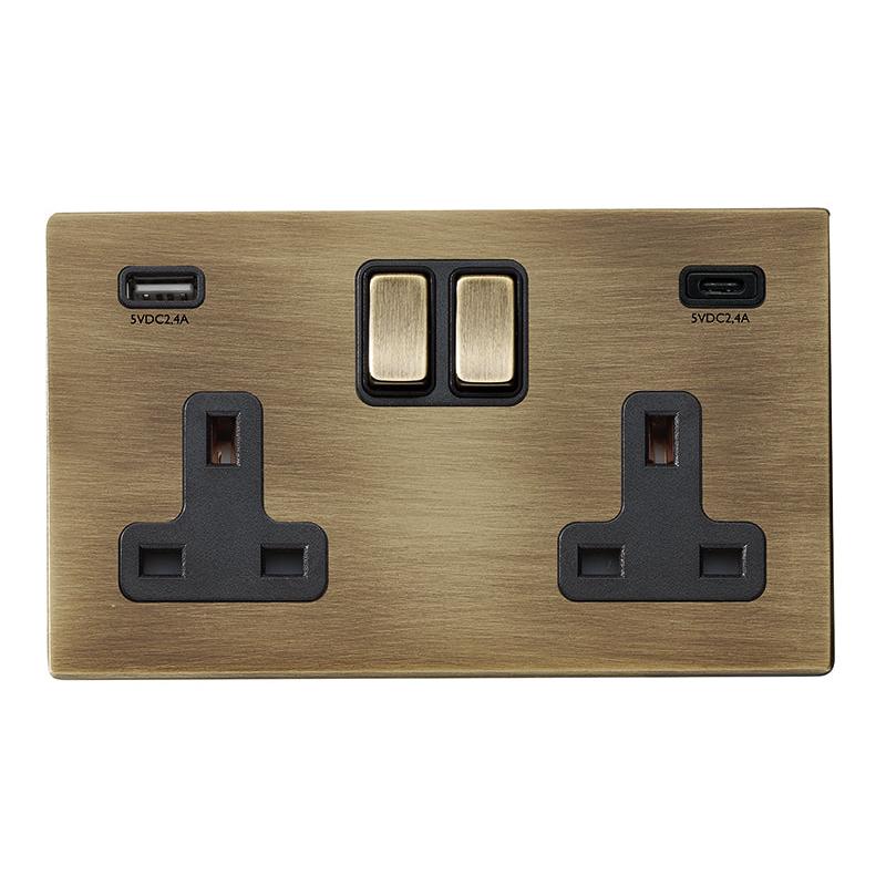 Hartland G2 7G29SS2USBCAB-B 2 gang 13A Double Pole Switched Socket with 1 USB Outlet + 1 USB Type C Outlet 2x2.4A (4.8A Total) Antique Brass with Antique Brass/Black Inserts