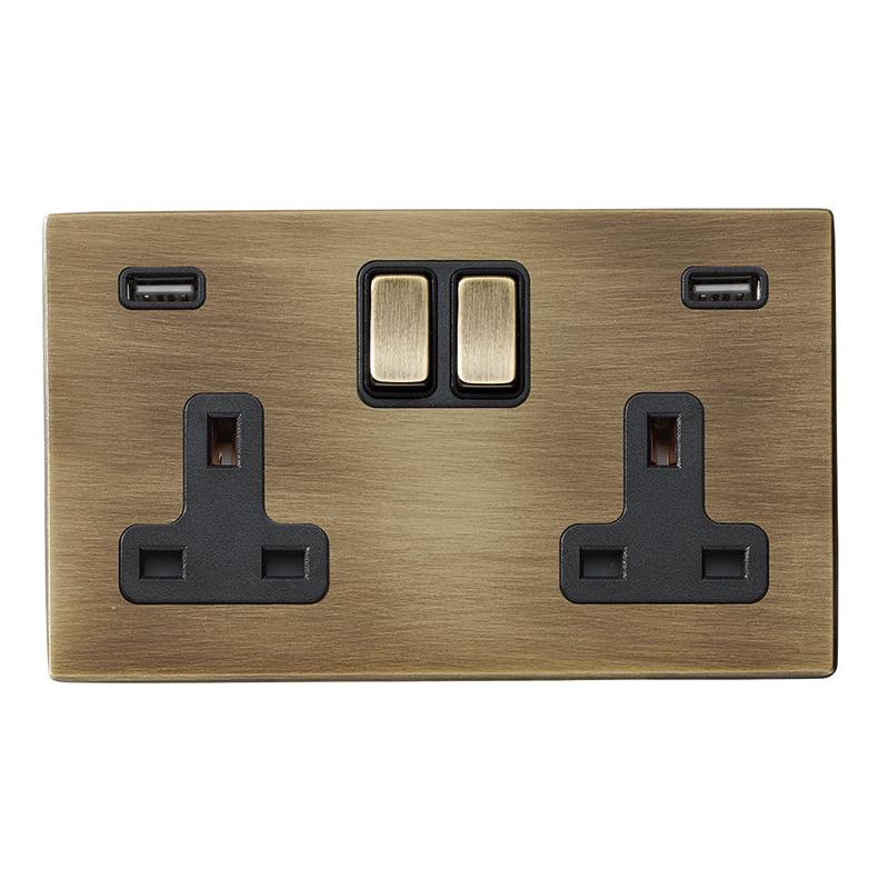Hartland G2 7G29SS2USBULTAB-B 2 gang 13A Double Pole Switched Socket with 2 USB Outlets 2x2.4A (4.8A Total) Antique Brass with Antique Brass/Black Inserts