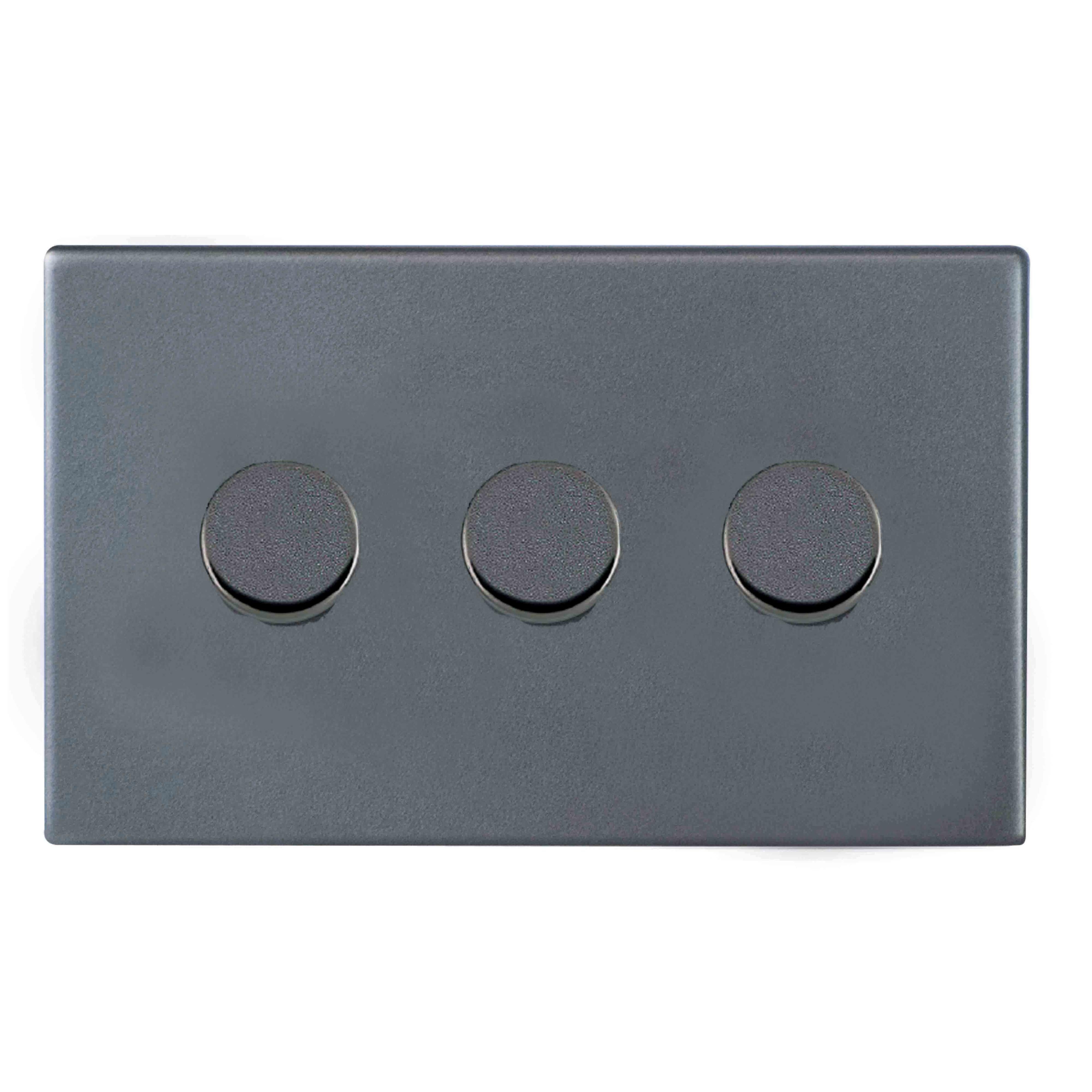 Hartland G2 7G2A3XLEDITB250 3 gang 250W LED Trailing/Leading Edge Push On/Off Rotary 2 Way Switching Dimmer Anthra Gray with Anthra Gray Inserts