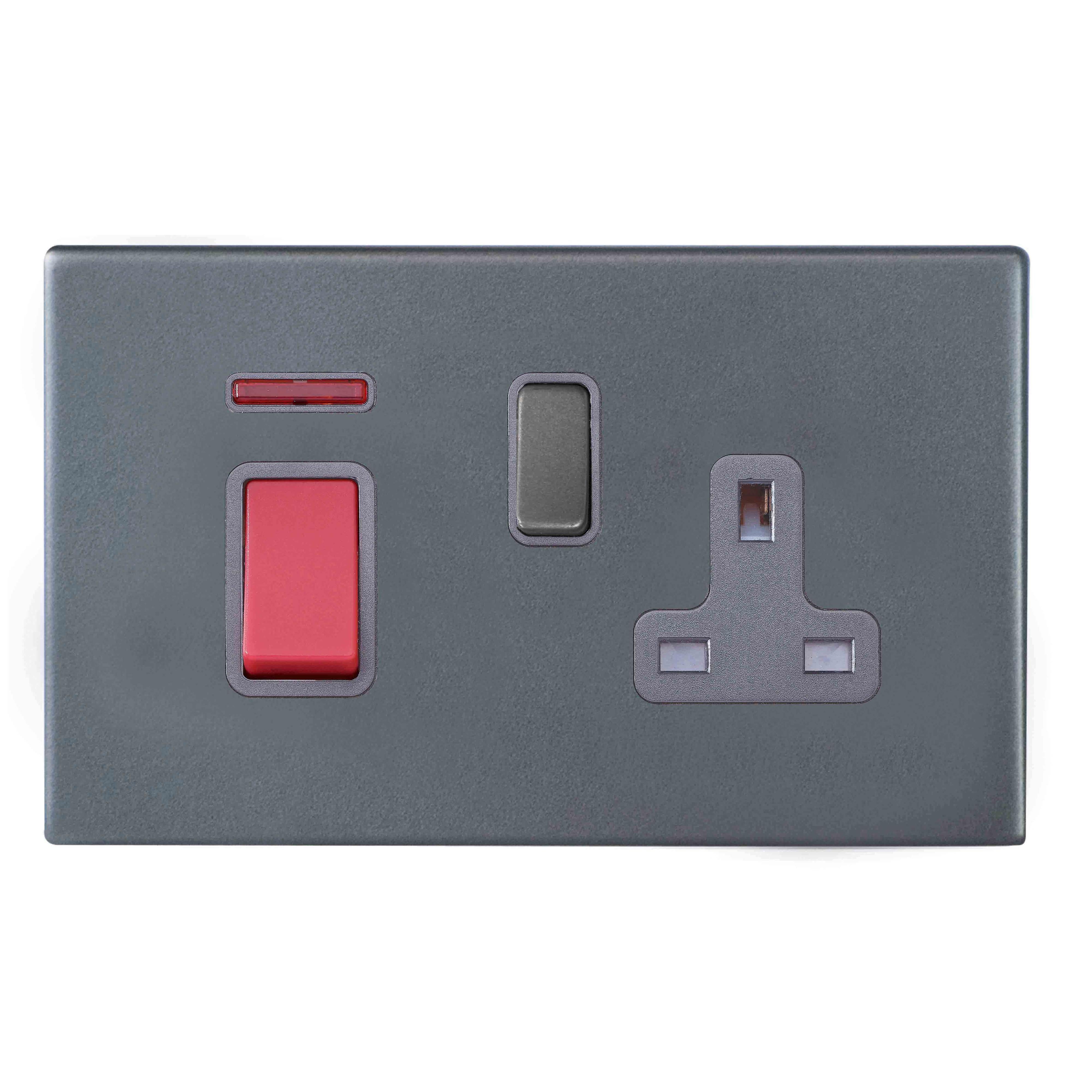 Hartland G2 7G2A45SS1GA-QG 45A Double Pole Red Rocker + Neon + 13A Switched Socket Anthra Gray with Red+Anthra Gray/Quartz Grey Inserts