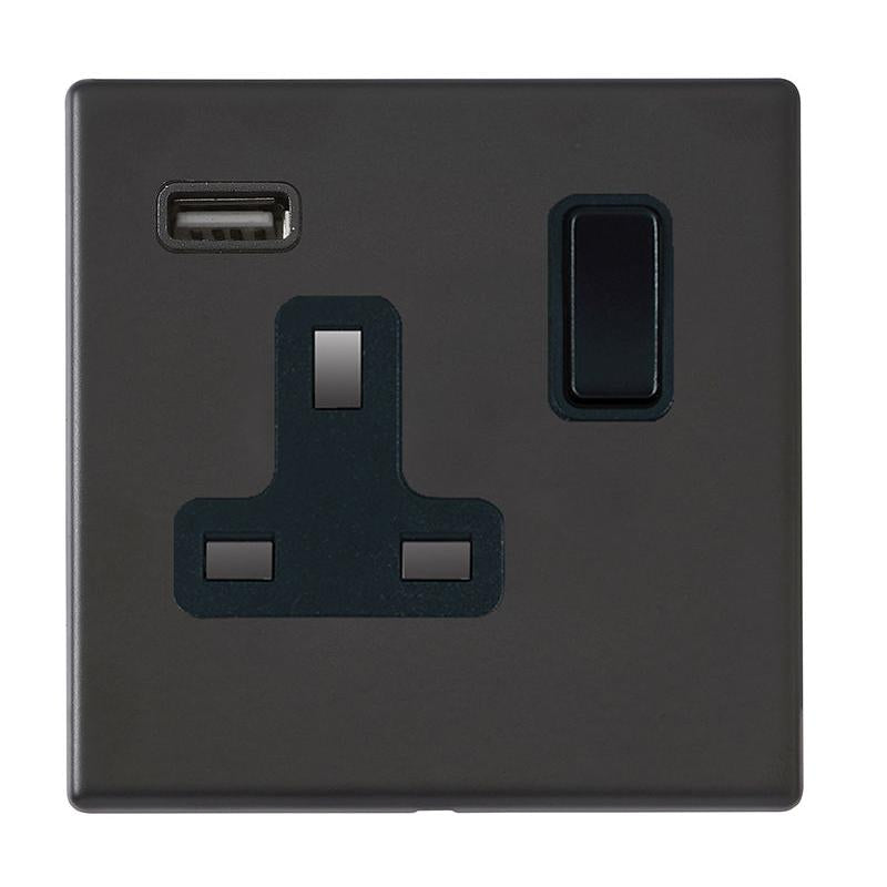 Hartland G2 7G2MBSS1USBBL-B 1 gang 13A Single Pole Switched Socket with 1 USB Outlet 1x2.1A Matt Black with Black/Black Inserts