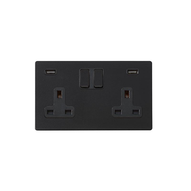 Hartland G2 7G2MBSS2USBULTBL-B 2 gang 13A Double Pole Switched Socket with 2 USB Outlets 2x2.4A (4.8A Total) Matt Black with Black/Black Inserts
