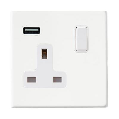 Hartland G2 7G2MWSS1USBWH-W 1 gang 13A Single Pole Switched Socket with 1 USB Outlet 1x2.1A Matt White with White/White Inserts