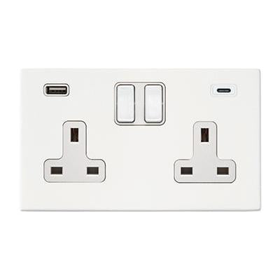 Hartland G2 7G2MWSS2USBCWH-W 2 gang 13A Double Pole Switched Socket with 1 USB Outlet + 1 USB Type C Outlet 2x2.4A (4.8A Total) Matt White with White/White Inserts