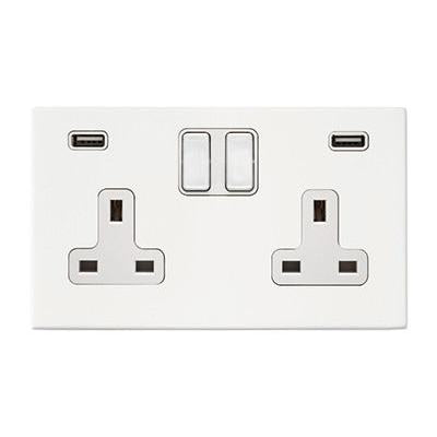 Hartland G2 7G2MWSS2USBULTWH-W 2 gang 13A Double Pole Switched Socket with 2 USB Outlets 2x2.4A (4.8A Total) Matt White with White/White Inserts
