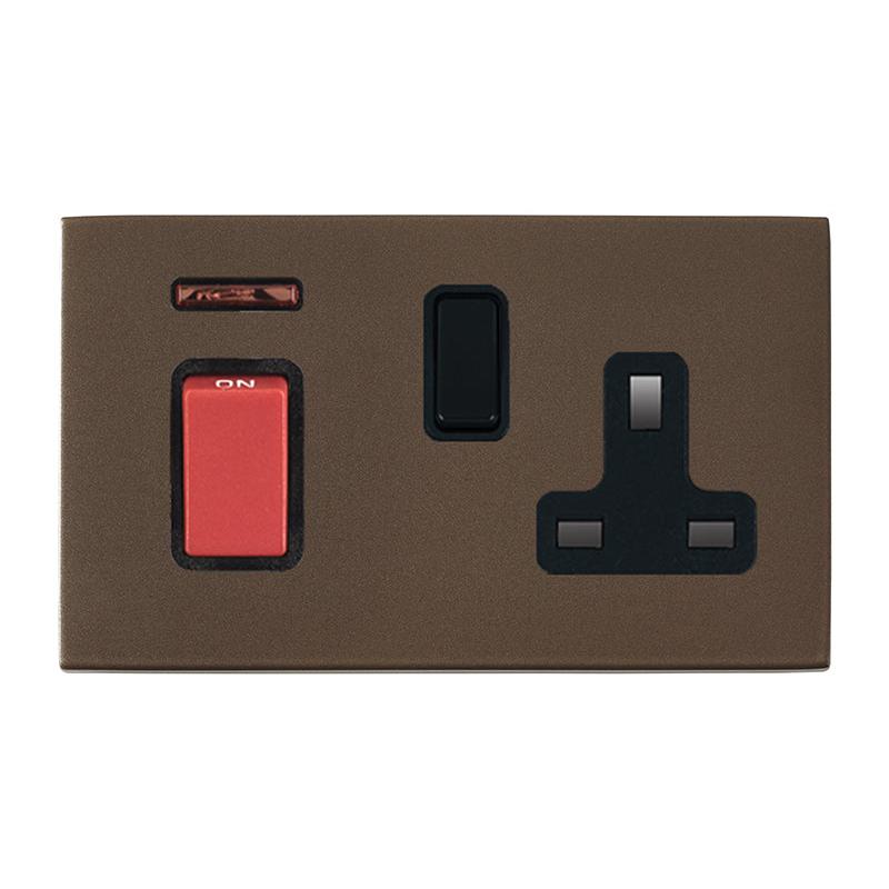 Hartland G2 7G2RB45SS1BL-B 45A Double Pole Red Rocker + Neon + 13A Switched Socket Richmond Bronze with Red+Black/Black Inserts