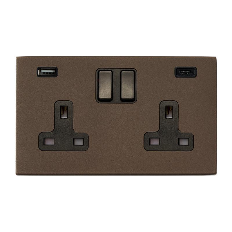 Hartland G2 7G2RBSS2USBCBL-B 2 gang 13A Double Pole Switched Socket with 1 USB Outlet + 1 USB Type C Outlet 2x2.4A (4.8A Total) Richmond Bronze with Black/Black Inserts