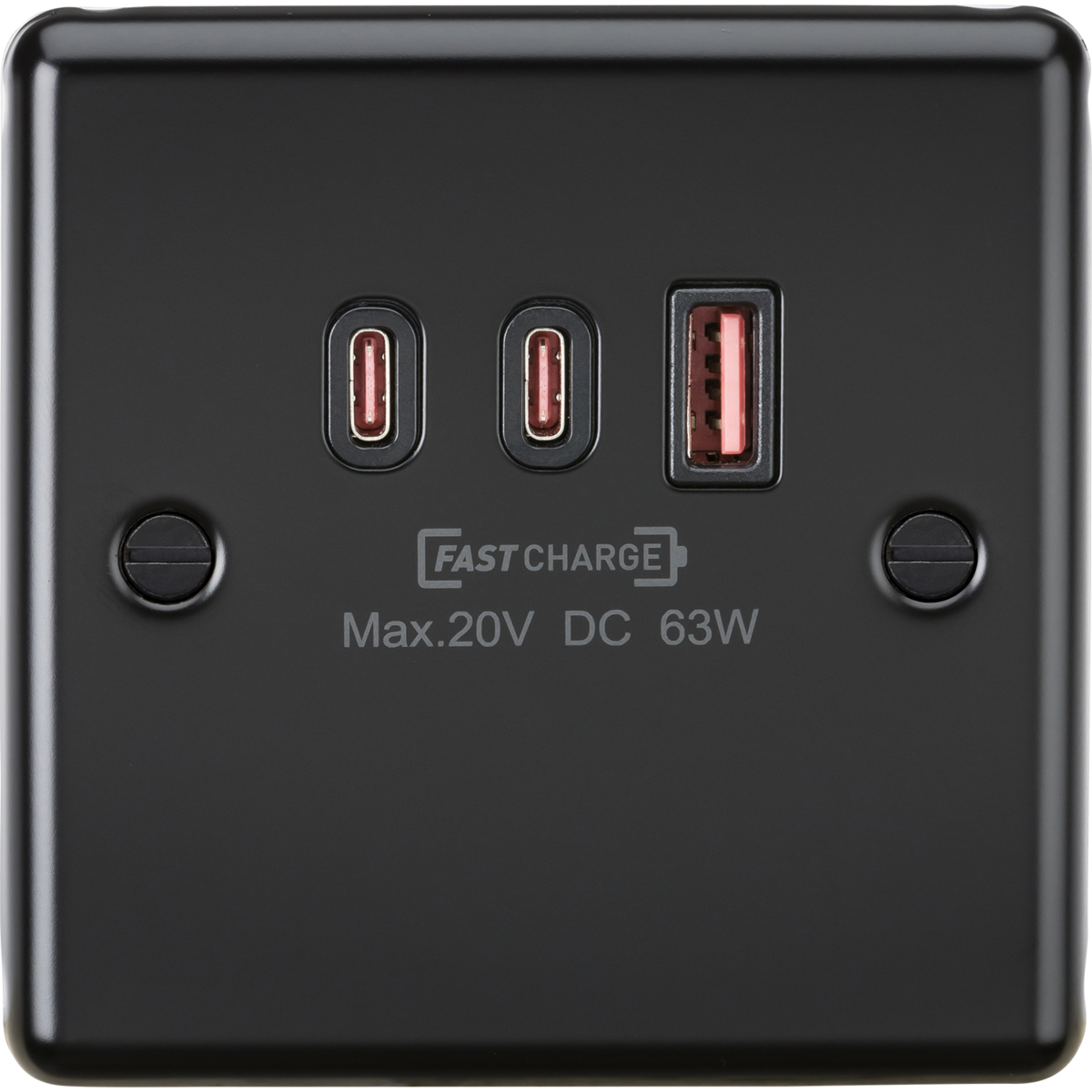 Knightsbridge CL63WMB 230V Triple USB Charger Plate 2xUISB-C 1xUSB-A [20V DC Max. 63W] Matt Black