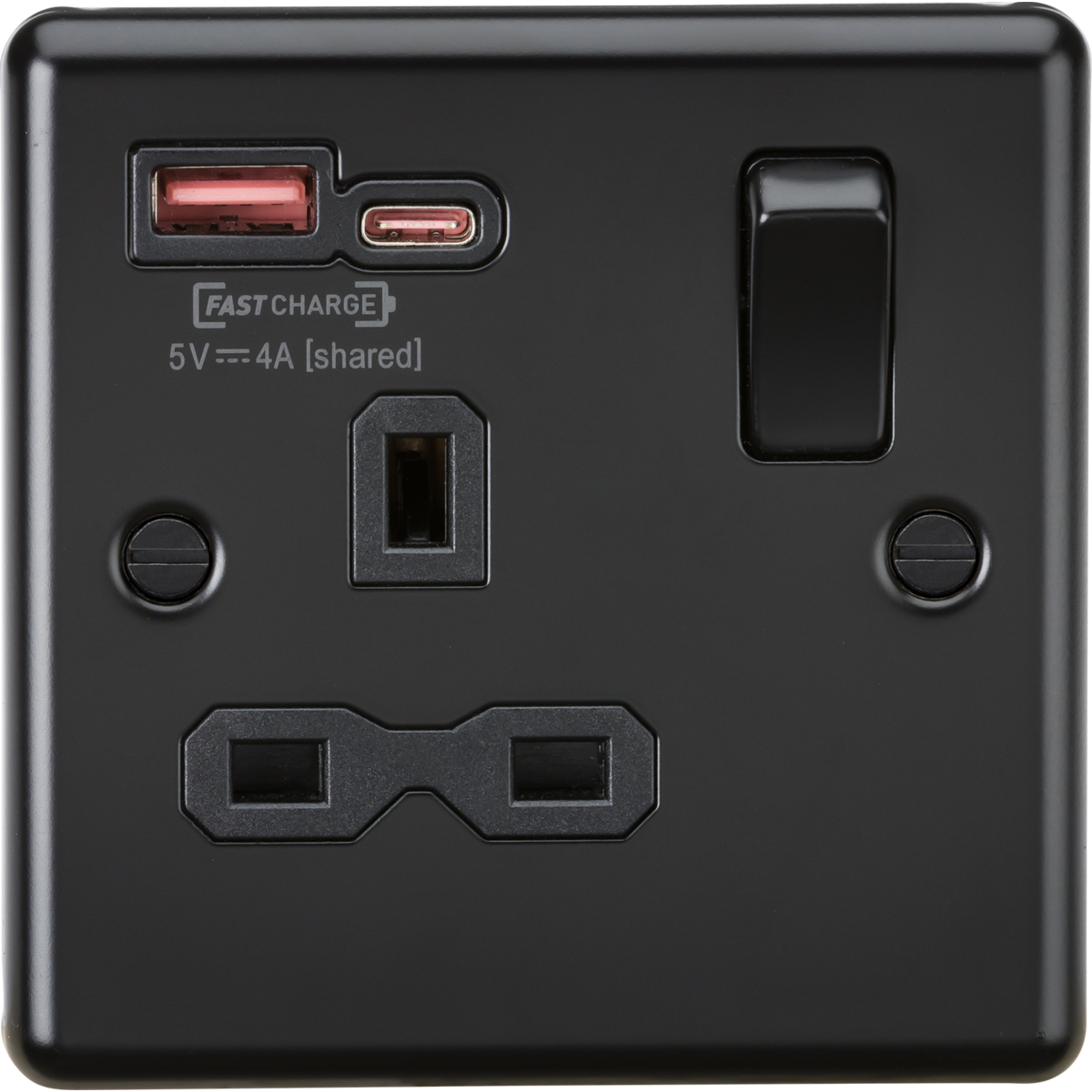 Knightsbridge CL9919MBB 13A 1G SP Switched Socket with Dual USB A+C 12V DC 1.5A [Max. 18W] Matt Black with Black Insert