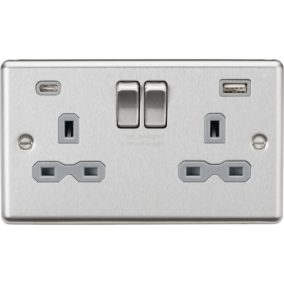 Knightsbridge CL9940BCG 13A 2G SP Switched Socket with dual USB C+A 5V DC 4.0A Brushed Chrome with grey insert
