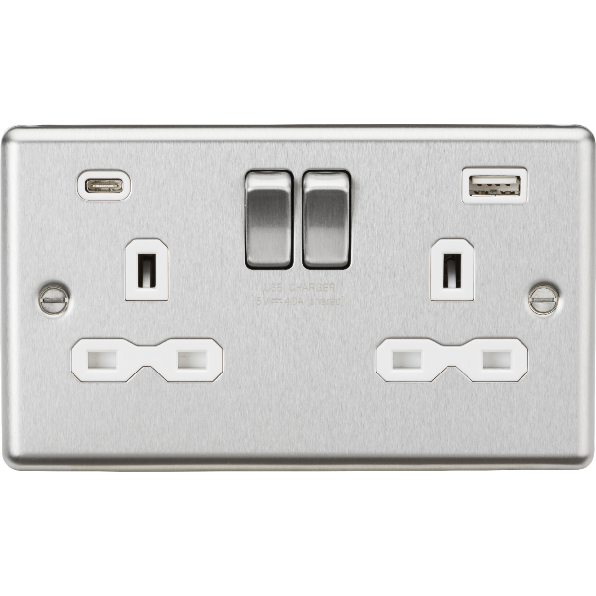 Knightsbridge CL9940BCW 13A 2G SP Switched Socket with dual USB C+A 5V DC 4.0A Brushed Chrome with white insert