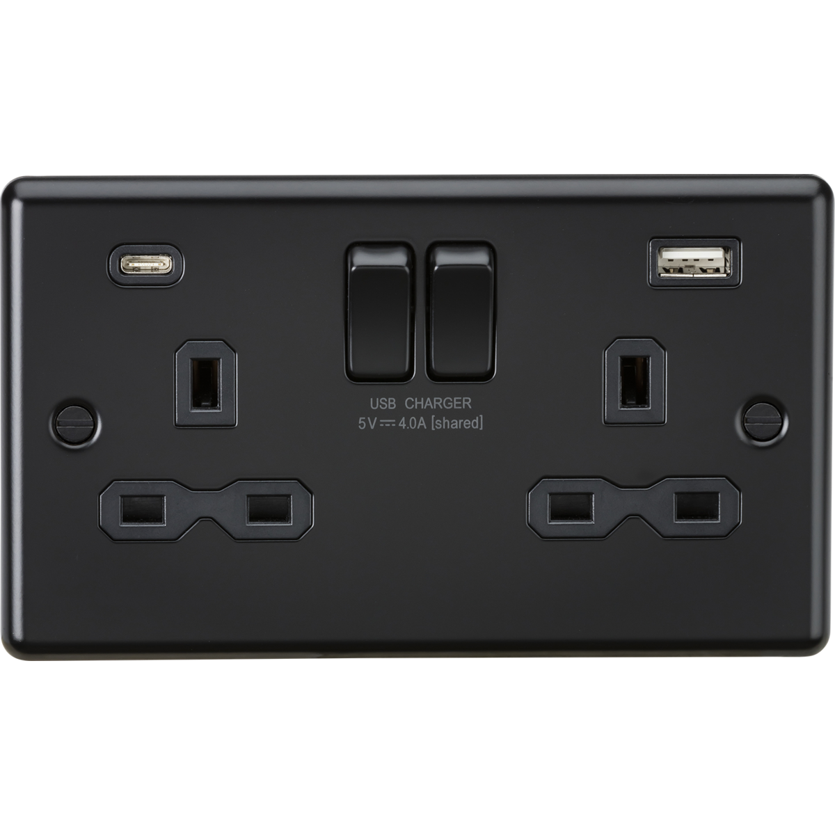 Knightsbridge CL9940MBB 13A 2G SP Switched Socket with Dual USB A+C (5V DC 4.0A shared) Matt Black with Black Insert