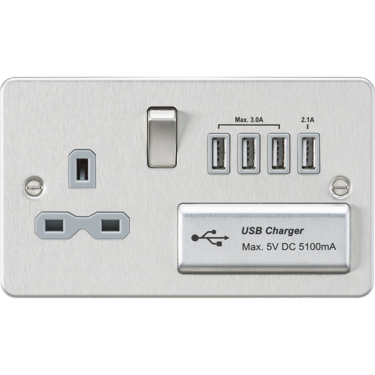 Knightsbridge FPR7USB4BCG 13A Switched Socket with Quad USB-A (5V DC 5.1A shared) Brushed Chrome with Grey Insert
