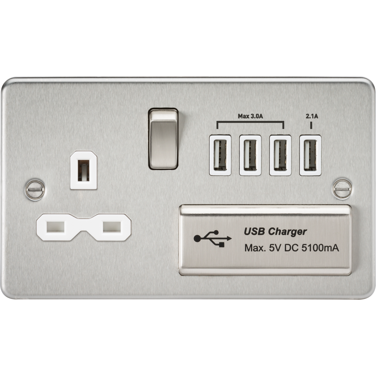 Knightsbridge FPR7USB4BCW 13A Switched Socket with Quad USB-A (5V DC 5.1A shared) Brushed chrome with White Insert