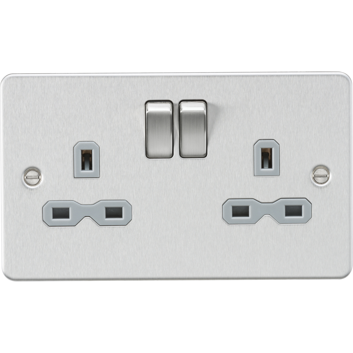 Knightsbridge FPR9000BCG 13A 2G DP Switched Socket with Twin Earths Brushed Chrome with Grey Insert
