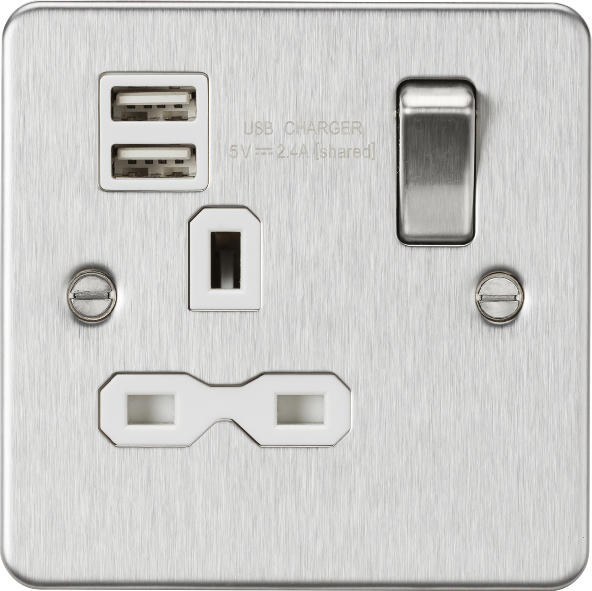 Knightsbridge FPR9124BCW 13A 1G SP Switched Socket with Dual USB A+A (5V DC 2.4A shared) Brushed Chrome with White Insert