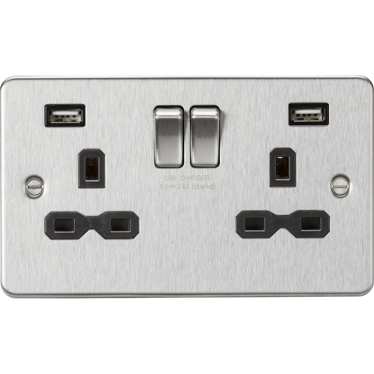 Knightsbridge FPR9224BC 13A 2G SP Switched Socket with Dual USB A+A (5V DC 2.4A shared) Brushed Chrome with Black Insert