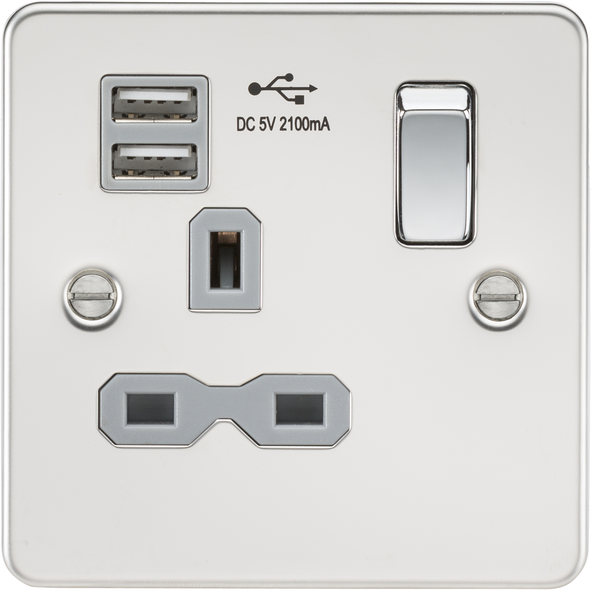 Knightsbridge FPR9901PCG 13A 1G SP Switched Socket with Dual USB A+A (5V DC 2.1A shared) Polished Chrome with Grey Insert